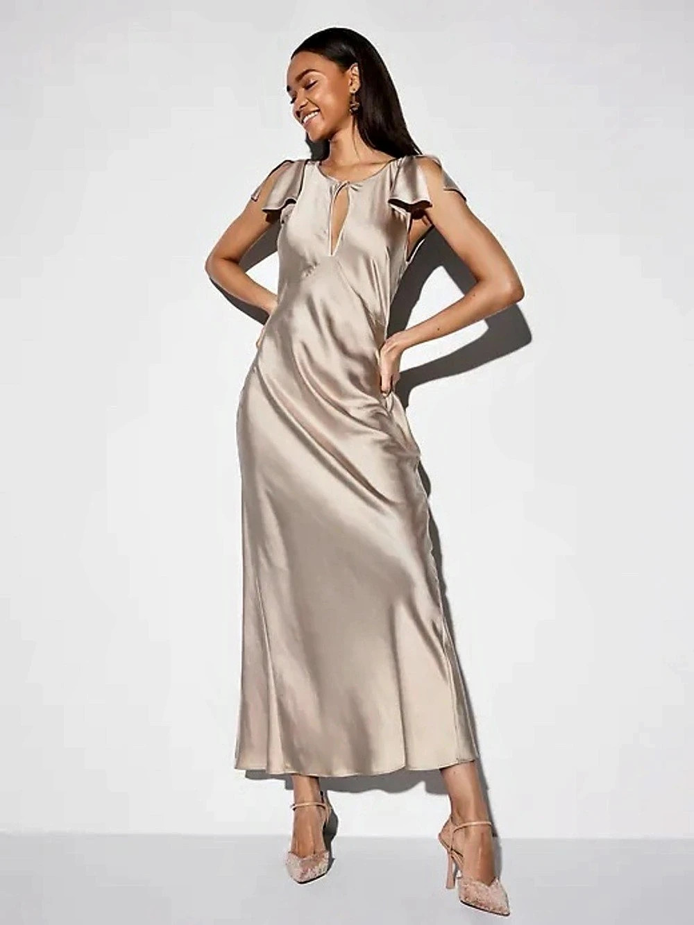 Old Navy Flutter-Sleeve Keyhole Satin Maxi Dress- Petite XS